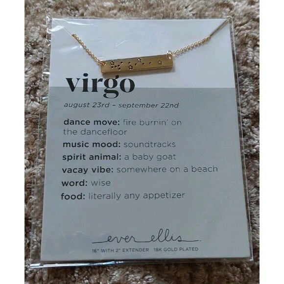 Virgo Zodiac Bar Necklace 18K Gold Plated Ever Ellis 16" August 23 - Sept 22 - Picture 1 of 2